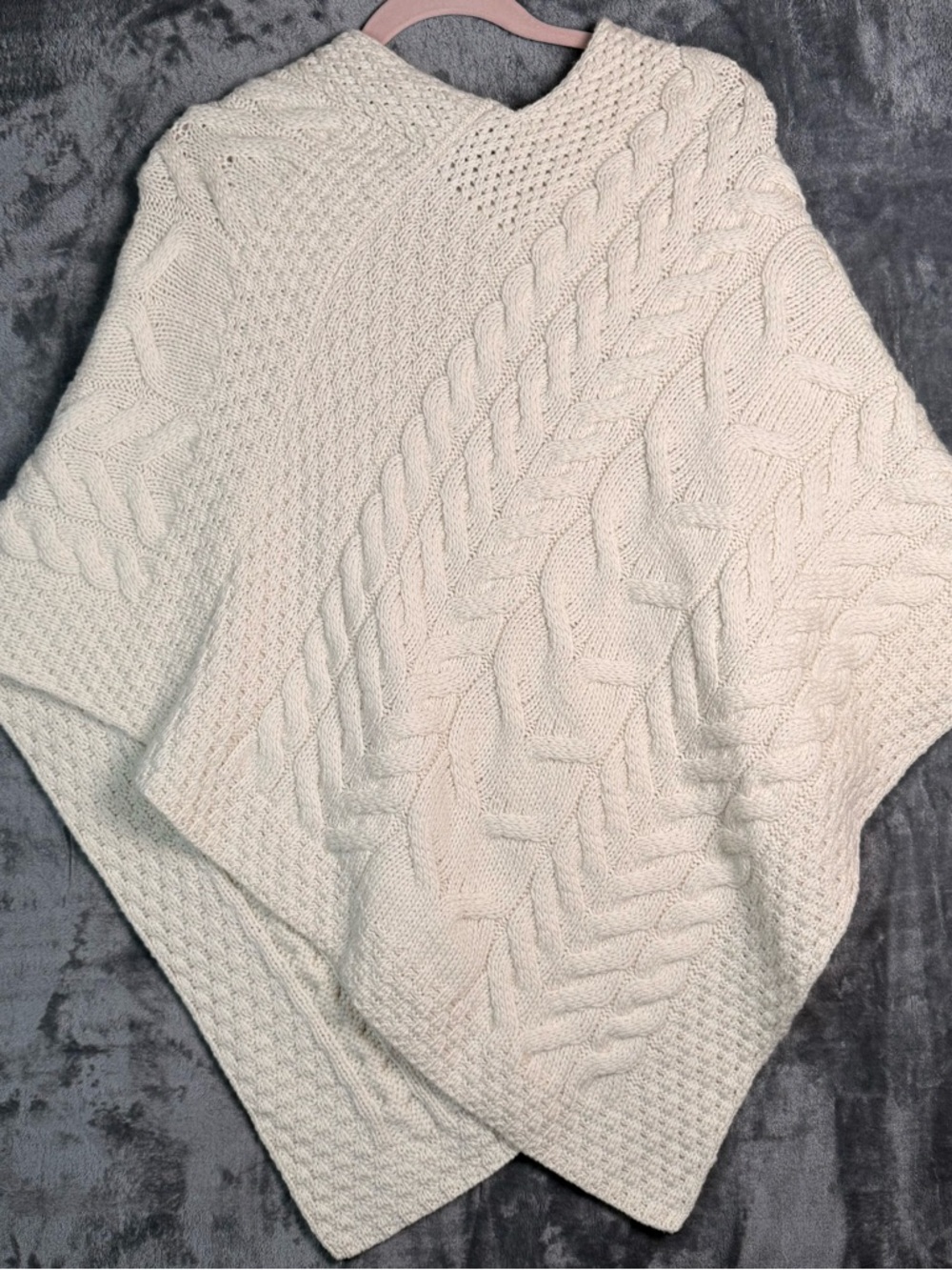 Aran Irish Merino Wool Sweater Poncho Cable Knit Cream One Size Coastal Boho